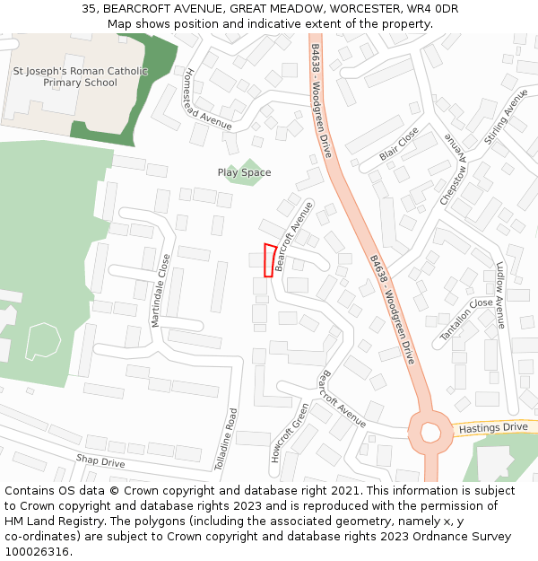 35, BEARCROFT AVENUE, GREAT MEADOW, WORCESTER, WR4 0DR: Location map and indicative extent of plot