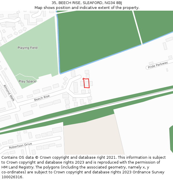 35, BEECH RISE, SLEAFORD, NG34 8BJ: Location map and indicative extent of plot