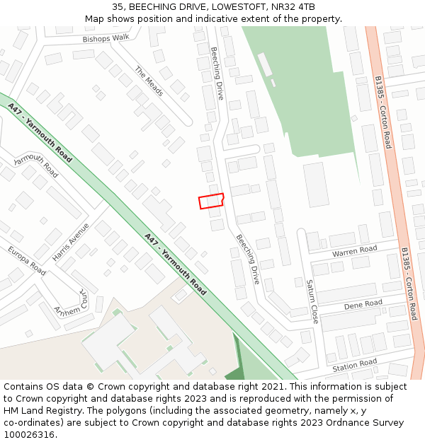 35, BEECHING DRIVE, LOWESTOFT, NR32 4TB: Location map and indicative extent of plot