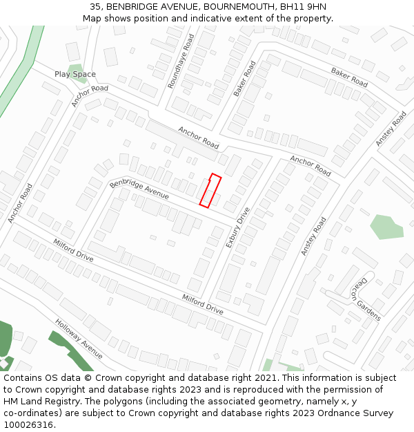 35, BENBRIDGE AVENUE, BOURNEMOUTH, BH11 9HN: Location map and indicative extent of plot