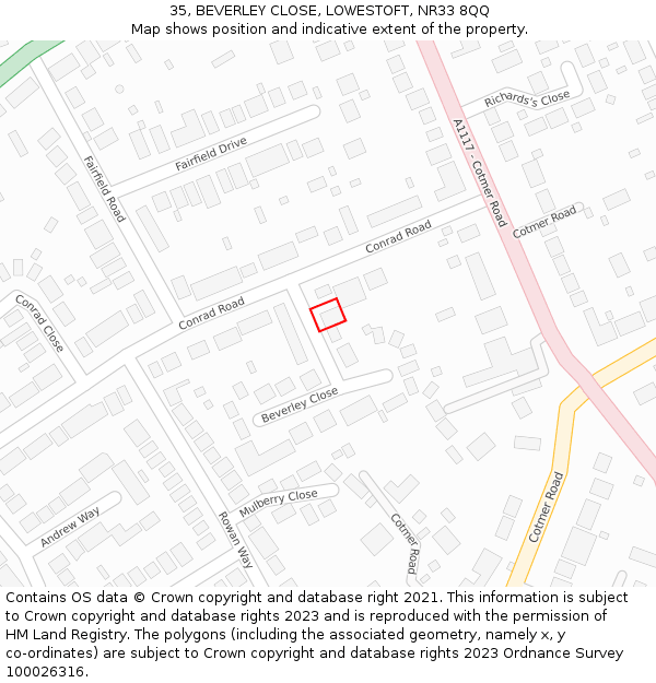 35, BEVERLEY CLOSE, LOWESTOFT, NR33 8QQ: Location map and indicative extent of plot
