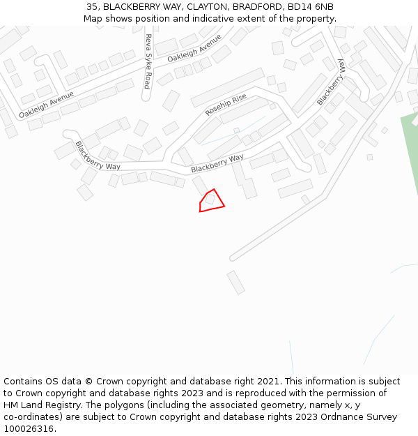 35, BLACKBERRY WAY, CLAYTON, BRADFORD, BD14 6NB: Location map and indicative extent of plot