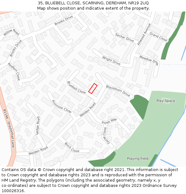 35, BLUEBELL CLOSE, SCARNING, DEREHAM, NR19 2UQ: Location map and indicative extent of plot