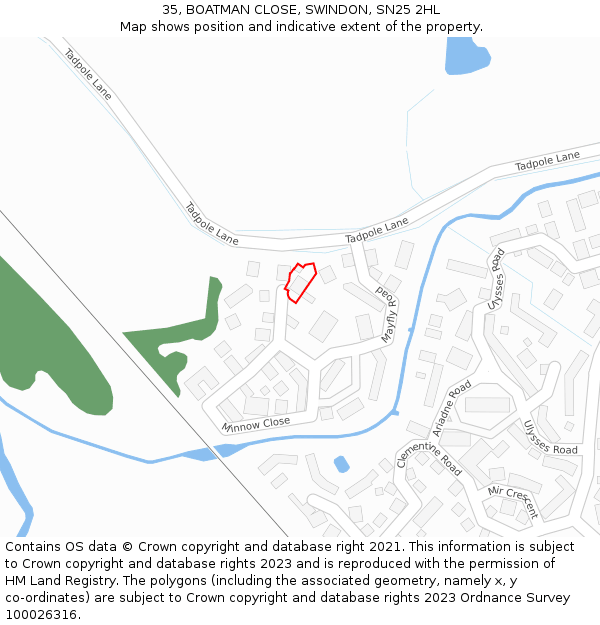 35, BOATMAN CLOSE, SWINDON, SN25 2HL: Location map and indicative extent of plot