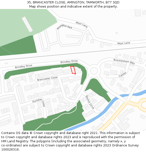 35, BRANCASTER CLOSE, AMINGTON, TAMWORTH, B77 3QD: Location map and indicative extent of plot