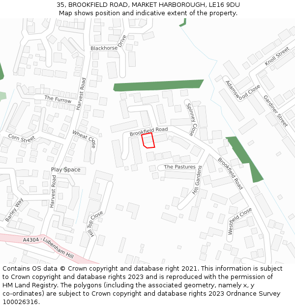 35, BROOKFIELD ROAD, MARKET HARBOROUGH, LE16 9DU: Location map and indicative extent of plot