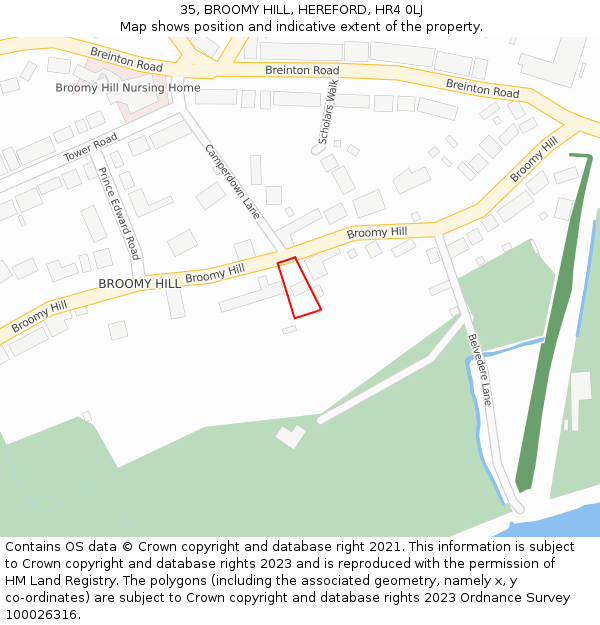 35, BROOMY HILL, HEREFORD, HR4 0LJ: Location map and indicative extent of plot