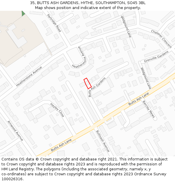 35, BUTTS ASH GARDENS, HYTHE, SOUTHAMPTON, SO45 3BL: Location map and indicative extent of plot