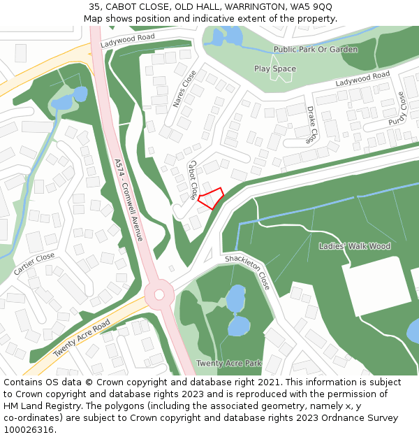 35, CABOT CLOSE, OLD HALL, WARRINGTON, WA5 9QQ: Location map and indicative extent of plot