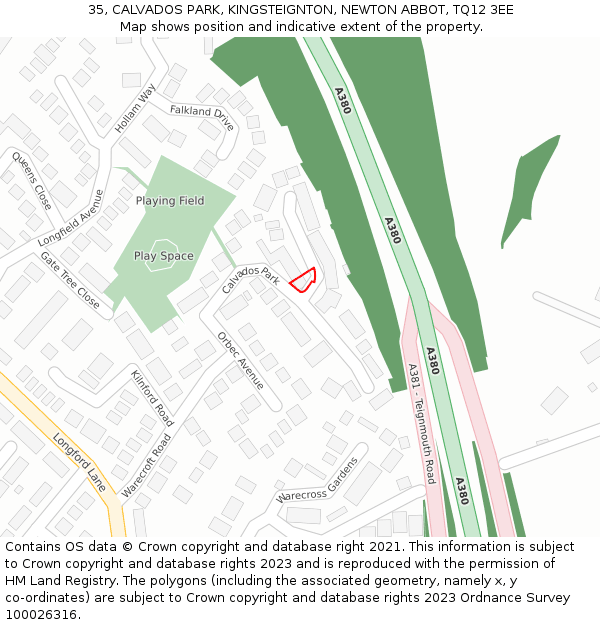 35, CALVADOS PARK, KINGSTEIGNTON, NEWTON ABBOT, TQ12 3EE: Location map and indicative extent of plot