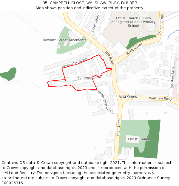 35, CAMPBELL CLOSE, WALSHAW, BURY, BL8 3BB: Location map and indicative extent of plot
