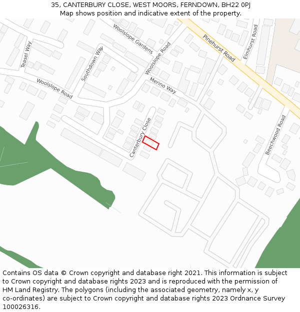 35, CANTERBURY CLOSE, WEST MOORS, FERNDOWN, BH22 0PJ: Location map and indicative extent of plot