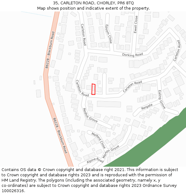 35, CARLETON ROAD, CHORLEY, PR6 8TQ: Location map and indicative extent of plot