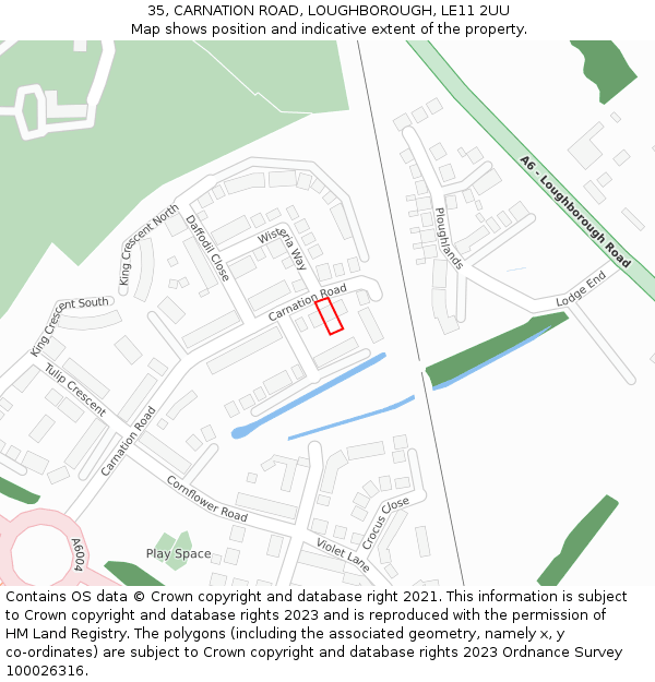 35, CARNATION ROAD, LOUGHBOROUGH, LE11 2UU: Location map and indicative extent of plot