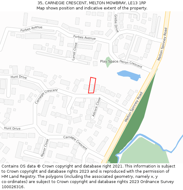 35, CARNEGIE CRESCENT, MELTON MOWBRAY, LE13 1RP: Location map and indicative extent of plot