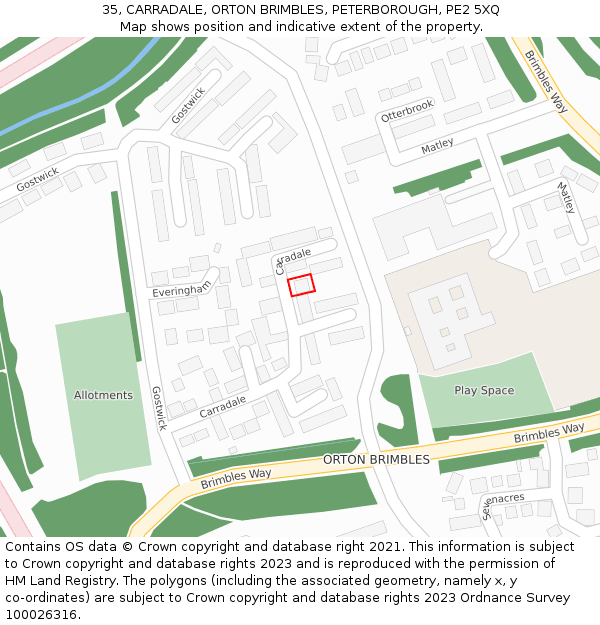 35, CARRADALE, ORTON BRIMBLES, PETERBOROUGH, PE2 5XQ: Location map and indicative extent of plot
