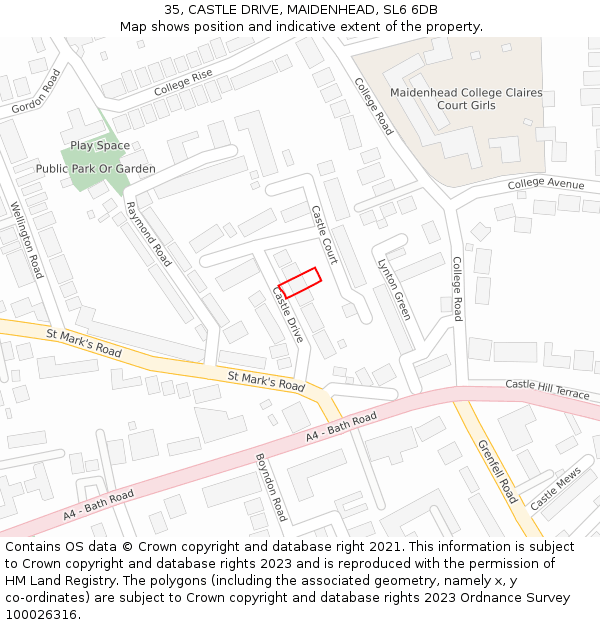 35, CASTLE DRIVE, MAIDENHEAD, SL6 6DB: Location map and indicative extent of plot