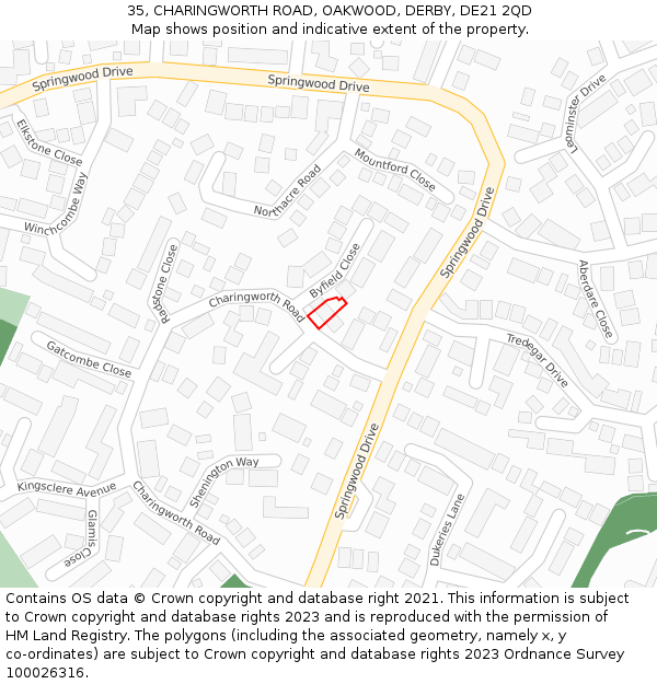 35, CHARINGWORTH ROAD, OAKWOOD, DERBY, DE21 2QD: Location map and indicative extent of plot