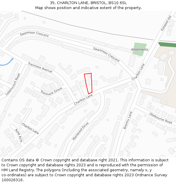 35, CHARLTON LANE, BRISTOL, BS10 6SL: Location map and indicative extent of plot