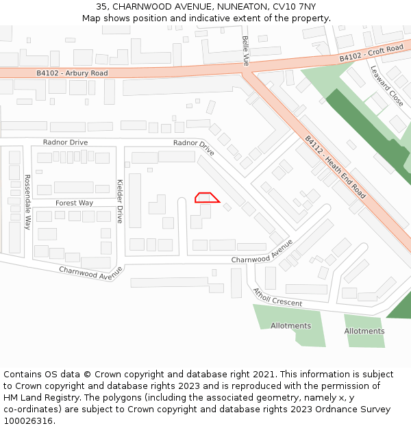 35, CHARNWOOD AVENUE, NUNEATON, CV10 7NY: Location map and indicative extent of plot
