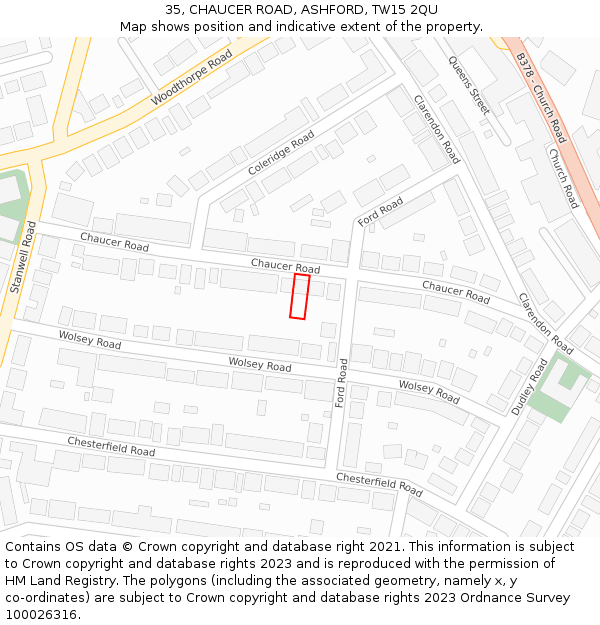 35, CHAUCER ROAD, ASHFORD, TW15 2QU: Location map and indicative extent of plot