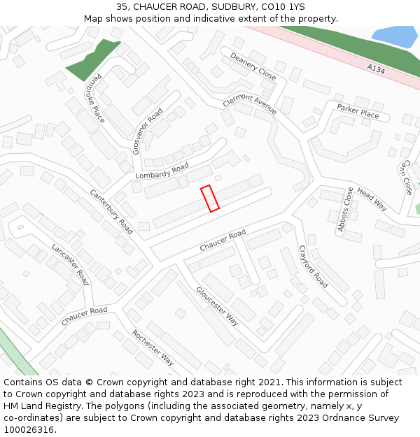 35, CHAUCER ROAD, SUDBURY, CO10 1YS: Location map and indicative extent of plot