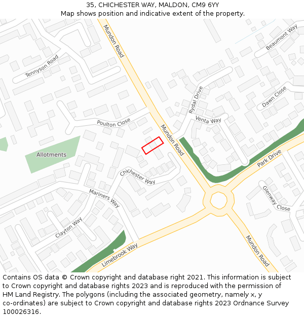 35, CHICHESTER WAY, MALDON, CM9 6YY: Location map and indicative extent of plot