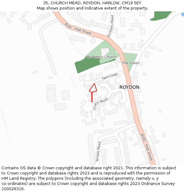 35, CHURCH MEAD, ROYDON, HARLOW, CM19 5EY: Location map and indicative extent of plot