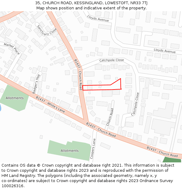 35, CHURCH ROAD, KESSINGLAND, LOWESTOFT, NR33 7TJ: Location map and indicative extent of plot