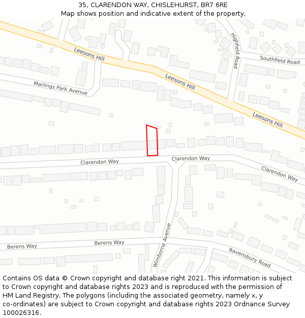 35, CLARENDON WAY, CHISLEHURST, BR7 6RE: Location map and indicative extent of plot