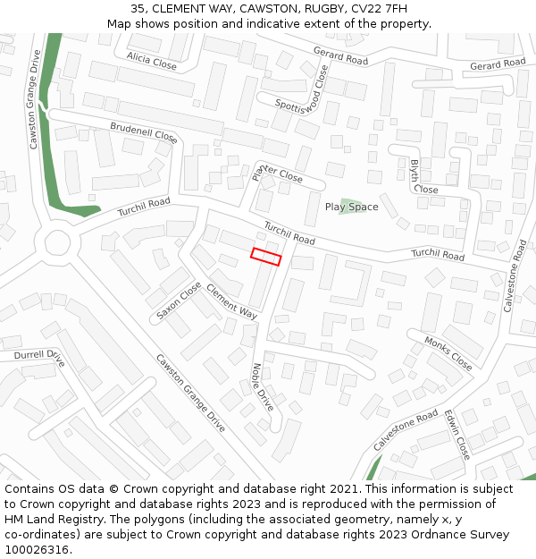 35, CLEMENT WAY, CAWSTON, RUGBY, CV22 7FH: Location map and indicative extent of plot