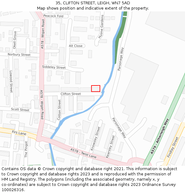 35, CLIFTON STREET, LEIGH, WN7 5AD: Location map and indicative extent of plot