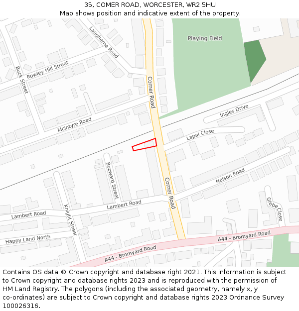 35, COMER ROAD, WORCESTER, WR2 5HU: Location map and indicative extent of plot