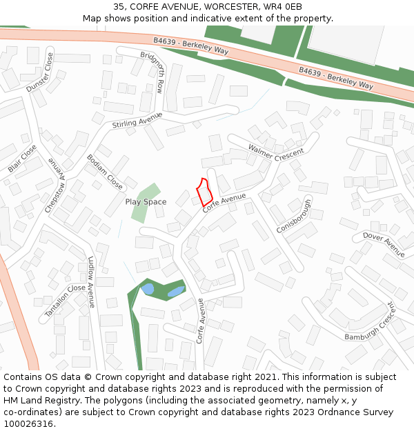 35, CORFE AVENUE, WORCESTER, WR4 0EB: Location map and indicative extent of plot