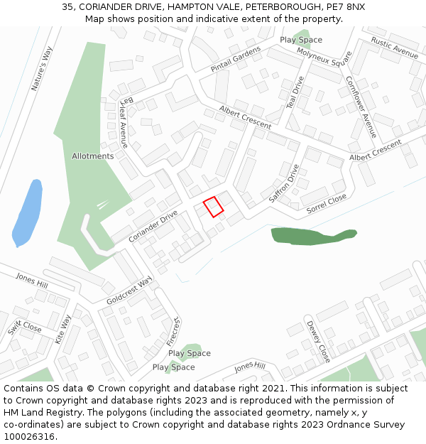 35, CORIANDER DRIVE, HAMPTON VALE, PETERBOROUGH, PE7 8NX: Location map and indicative extent of plot
