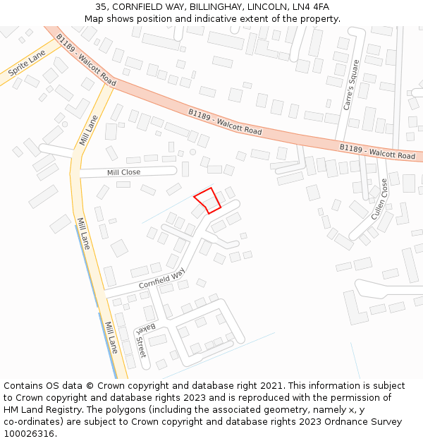 35, CORNFIELD WAY, BILLINGHAY, LINCOLN, LN4 4FA: Location map and indicative extent of plot