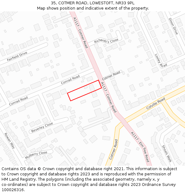 35, COTMER ROAD, LOWESTOFT, NR33 9PL: Location map and indicative extent of plot