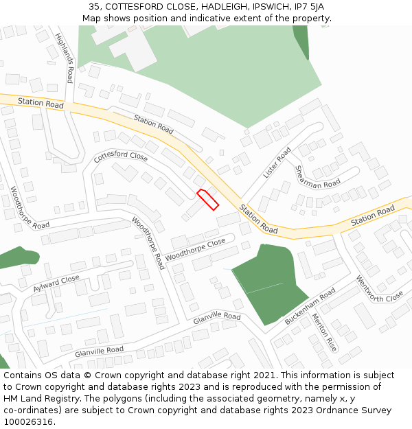 35, COTTESFORD CLOSE, HADLEIGH, IPSWICH, IP7 5JA: Location map and indicative extent of plot
