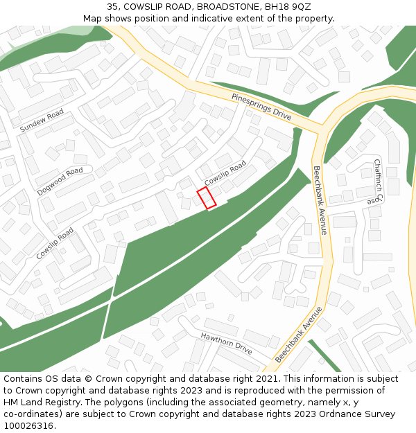 35, COWSLIP ROAD, BROADSTONE, BH18 9QZ: Location map and indicative extent of plot