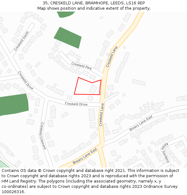 35, CRESKELD LANE, BRAMHOPE, LEEDS, LS16 9EP: Location map and indicative extent of plot