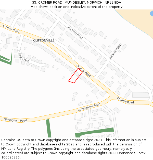 35, CROMER ROAD, MUNDESLEY, NORWICH, NR11 8DA: Location map and indicative extent of plot