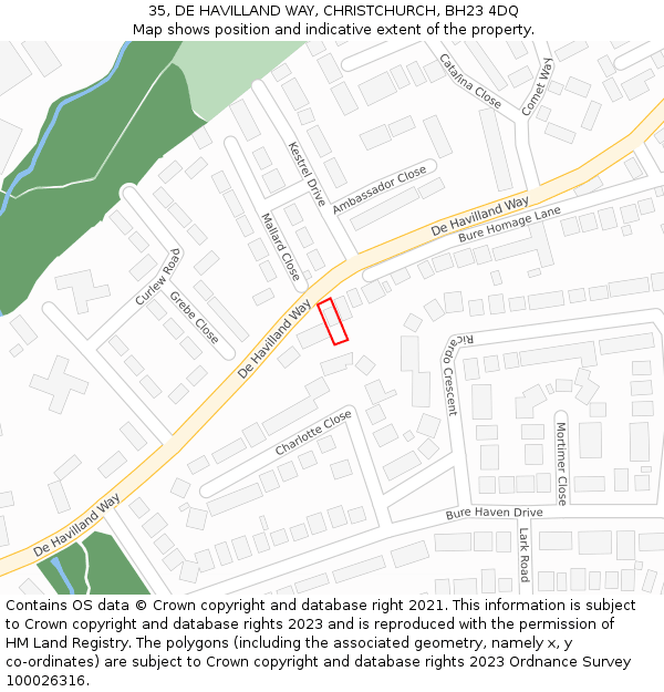 35, DE HAVILLAND WAY, CHRISTCHURCH, BH23 4DQ: Location map and indicative extent of plot