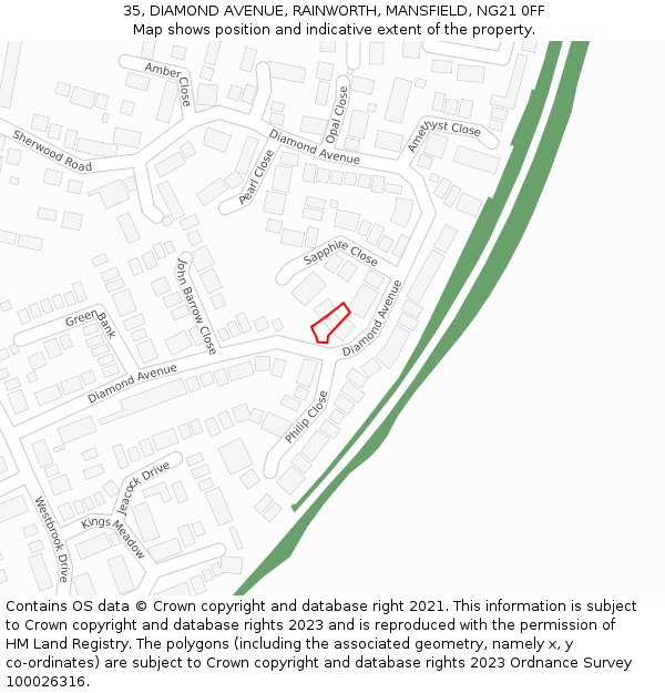35, DIAMOND AVENUE, RAINWORTH, MANSFIELD, NG21 0FF: Location map and indicative extent of plot