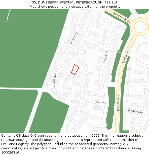 35, DUNSBERRY, BRETTON, PETERBOROUGH, PE3 8LA: Location map and indicative extent of plot