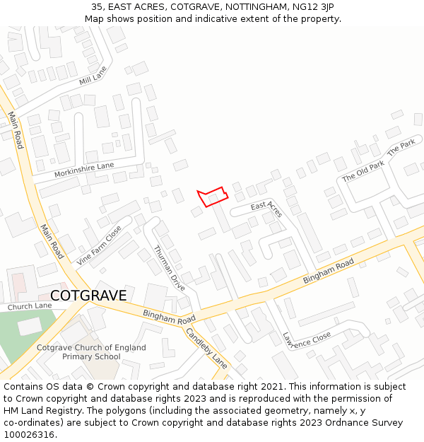 35, EAST ACRES, COTGRAVE, NOTTINGHAM, NG12 3JP: Location map and indicative extent of plot
