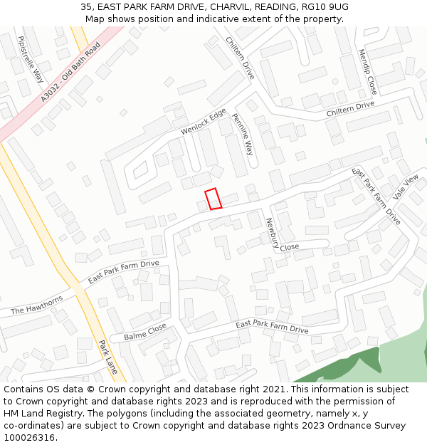 35, EAST PARK FARM DRIVE, CHARVIL, READING, RG10 9UG: Location map and indicative extent of plot