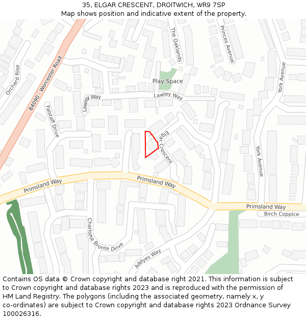 35, ELGAR CRESCENT, DROITWICH, WR9 7SP: Location map and indicative extent of plot