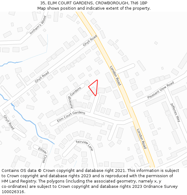 35, ELIM COURT GARDENS, CROWBOROUGH, TN6 1BP: Location map and indicative extent of plot