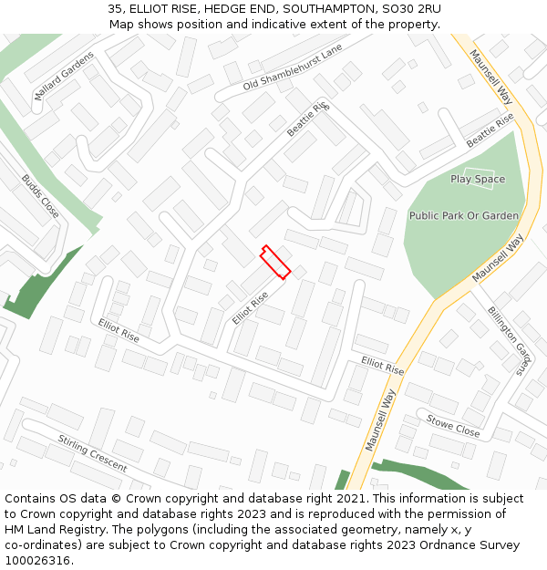 35, ELLIOT RISE, HEDGE END, SOUTHAMPTON, SO30 2RU: Location map and indicative extent of plot