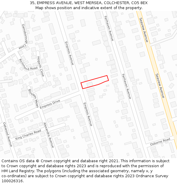 35, EMPRESS AVENUE, WEST MERSEA, COLCHESTER, CO5 8EX: Location map and indicative extent of plot
